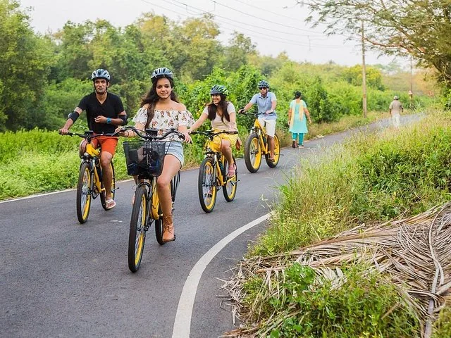 Four people riding bright yellow electric bicycles on a paved road.