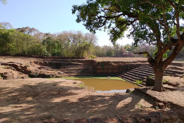 An ancient stone structure with a small pool of water surrounded by trees.